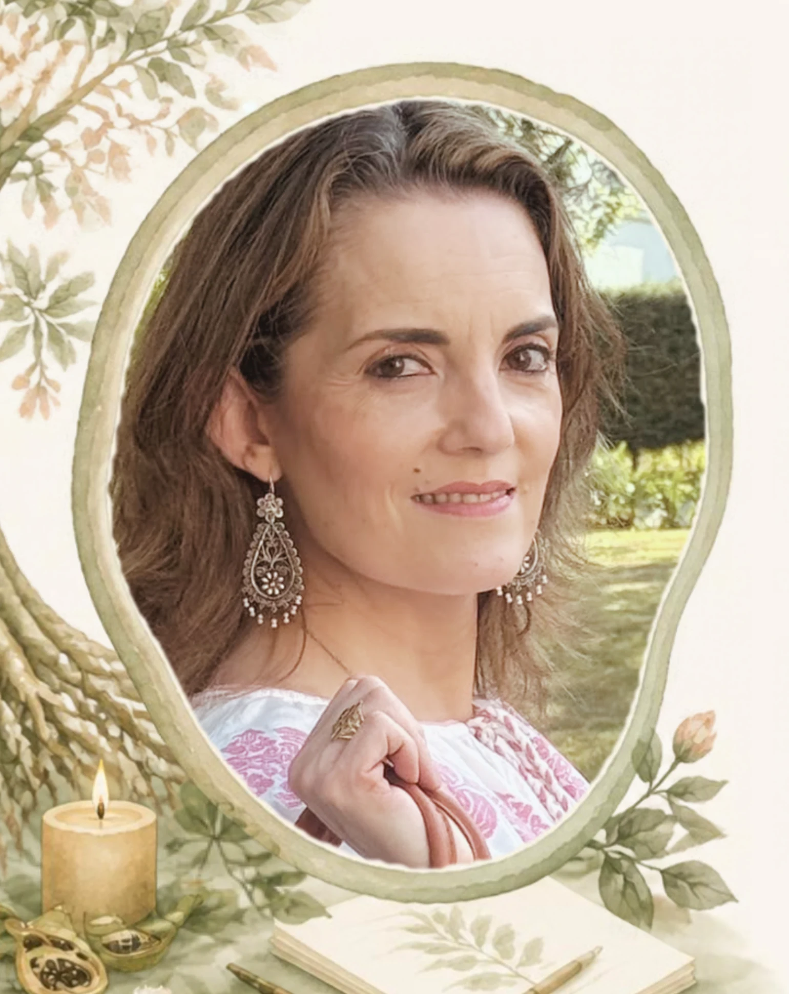 Ana Esquivel, facilitadora de Duelos y Raíces, dentro de un marco de acuarela