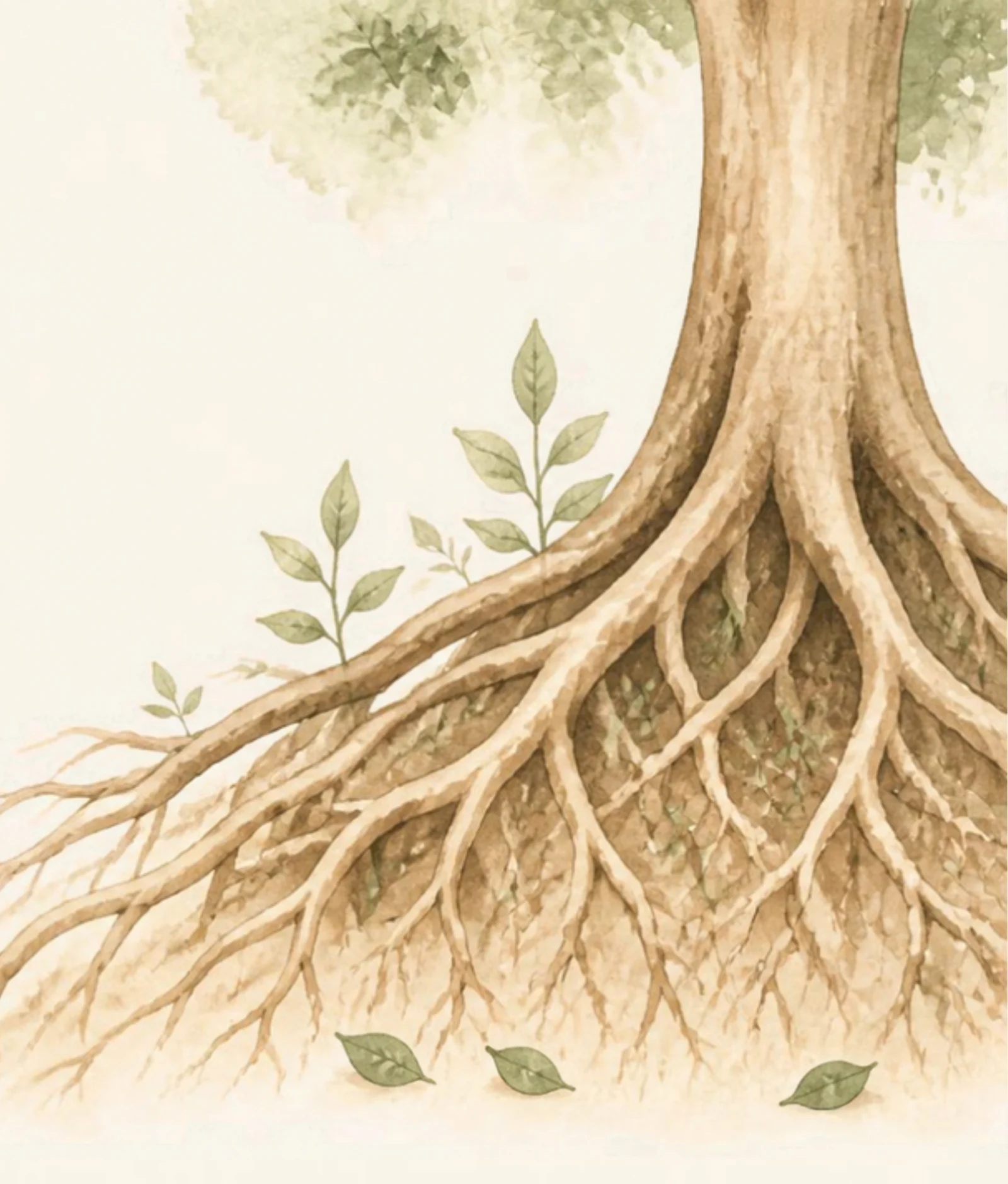 Raíces de un árbol que se extienden bajo la tierra, con pequeños brotes